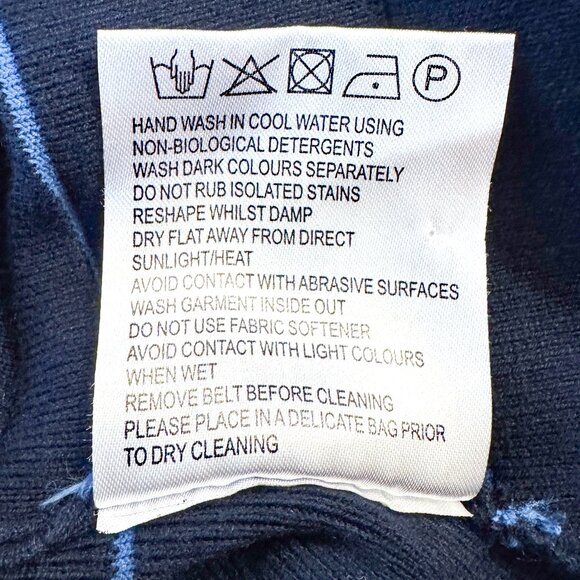 Karen Millen Navy Blue Striped Belted Sweater Jacket Snap Closure Women's Size 1 - Picture 6 of 6